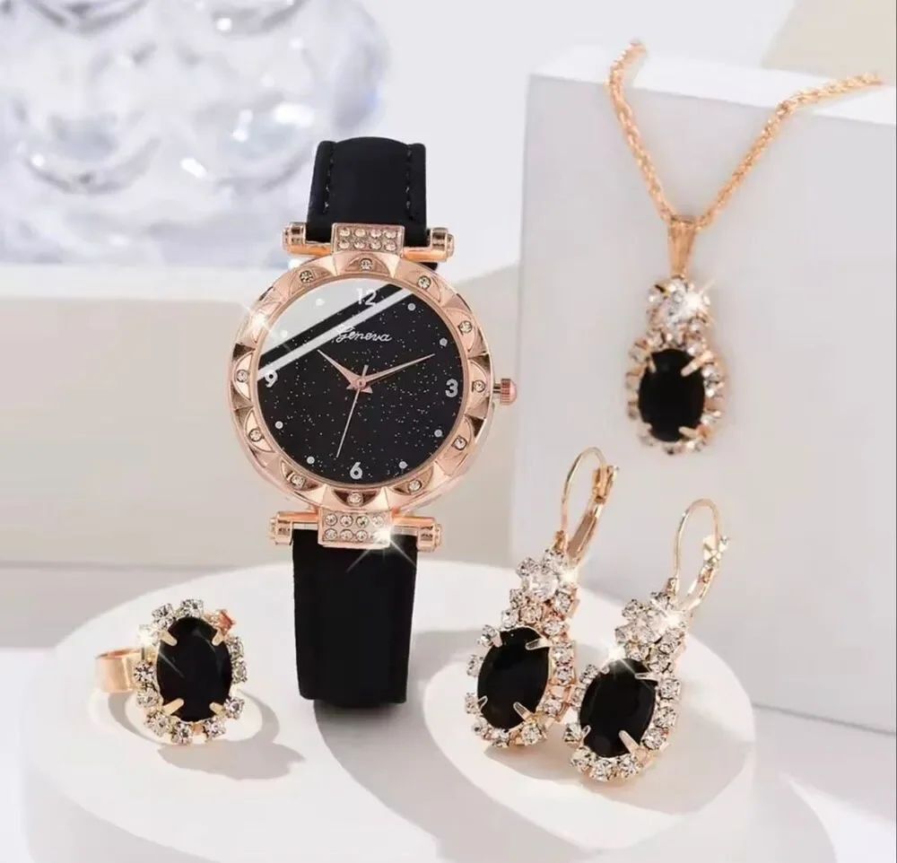 Macy’s 4Pc Rose Gold Watch Jewelry Set Black Crystal Necklace Earrings Ring NWOT